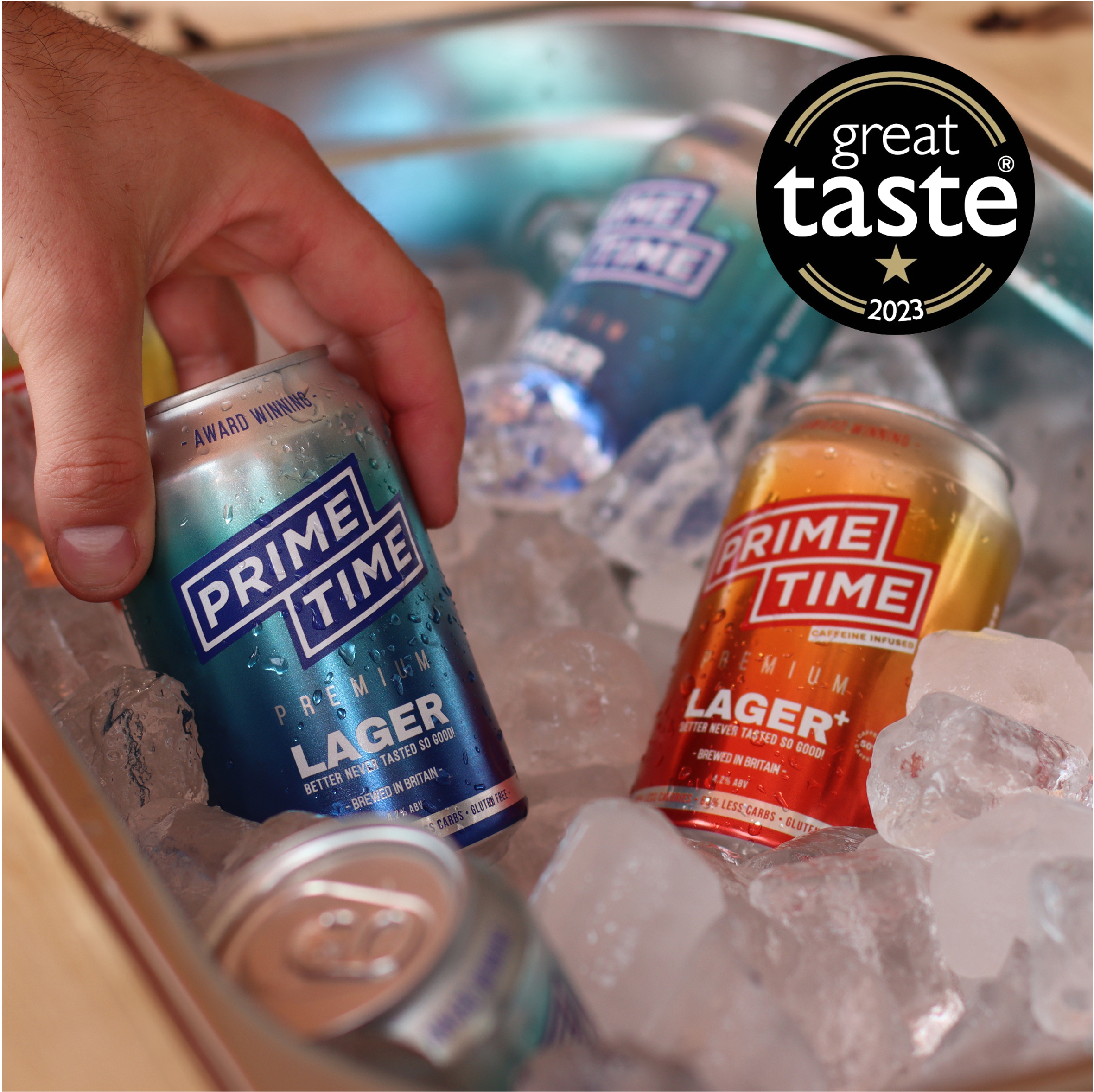 Prime Time Lager can and bottle